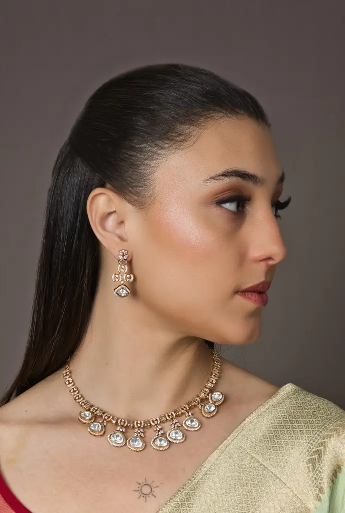 Sleek Real Look Alike Polki Set - With Earrings : RMQJ0113