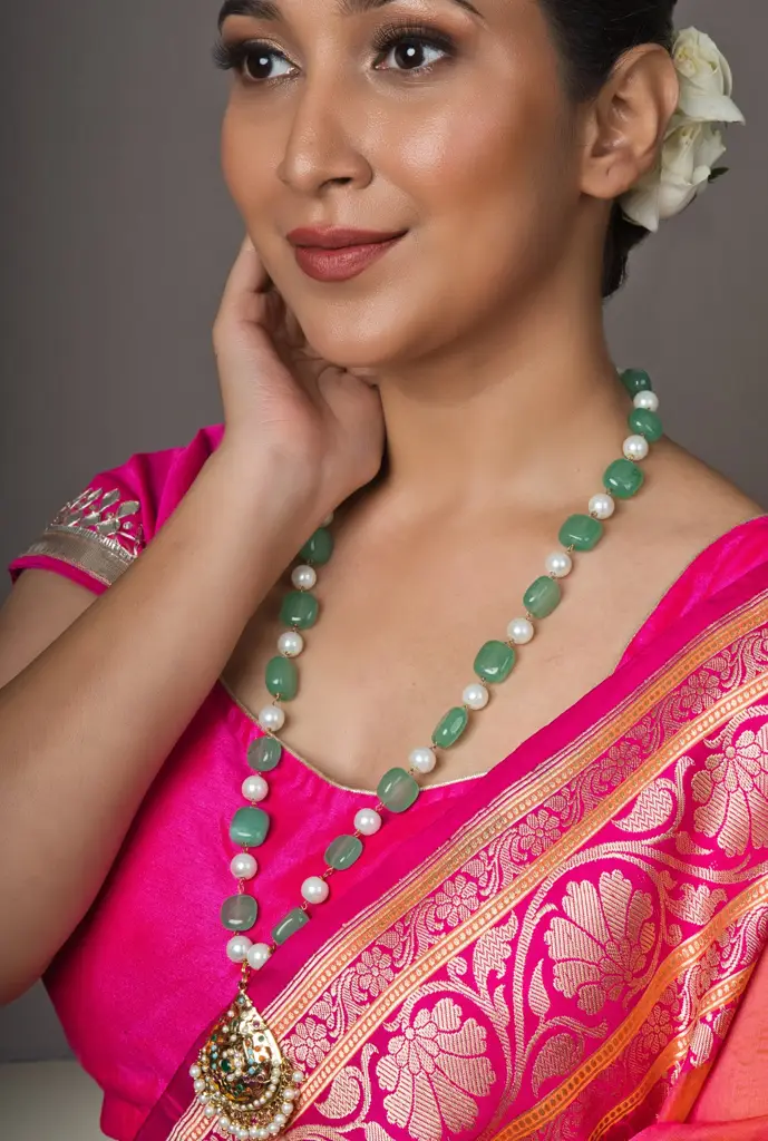 Majesic Navratan Jadau Pendant With Green Semi Precious Stone Necklace : ASQJ118