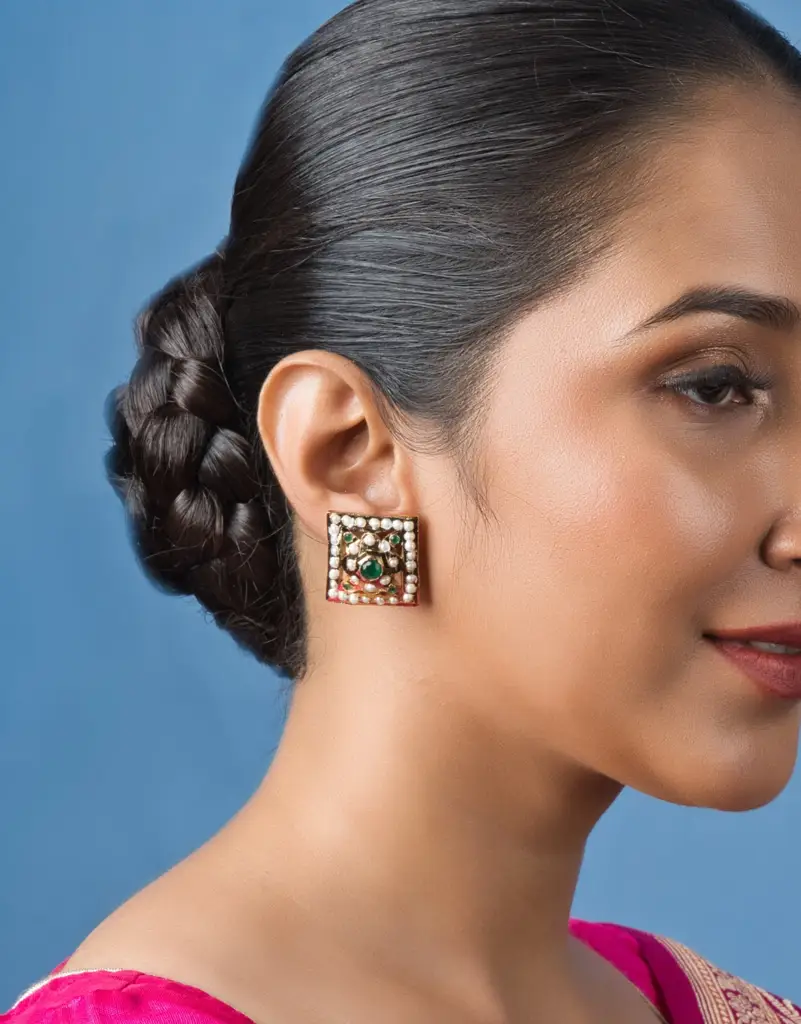 Exquisite Square Jadau Stud Earring : ASQJ131