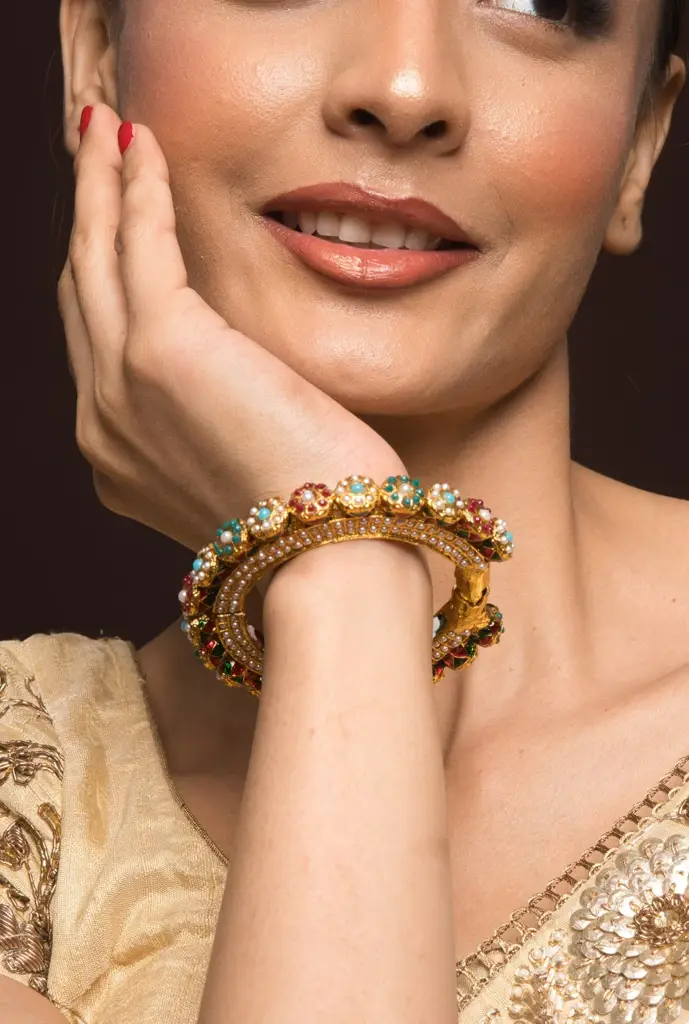 Preeta Gold Plated Jadau Openable Navratan Pacheli Bangle : QJSEP117