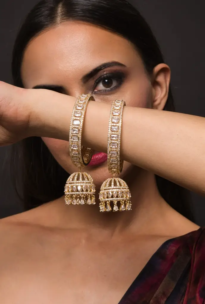 American Diamond Gold Bangle With Jhumka Hanging Pair : QJSEP150
