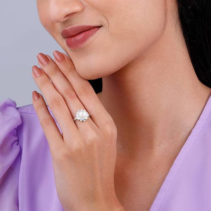 Giva 925 Sterling Silver Pearl Fleur Ring,Fixed Size,Indian - 12 | Gifts For Women And Gir : R01245
