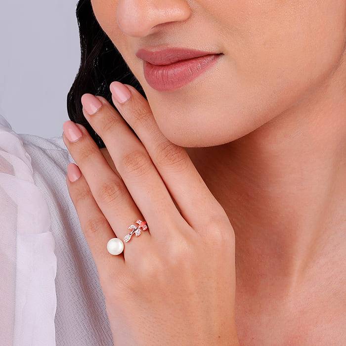 Giva 925 Sterling Silver Rose Gold Leafy Pearl Ring,Adjustable | Gifts For Women And Girls : R01248