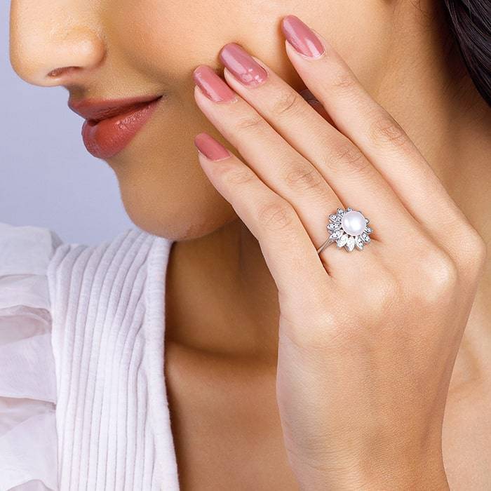 Giva 925 Sterling Silver Pearly Bloom Ring, Fixed Size, Indian - 12, Us - 6| Gifts For Wom : R01250