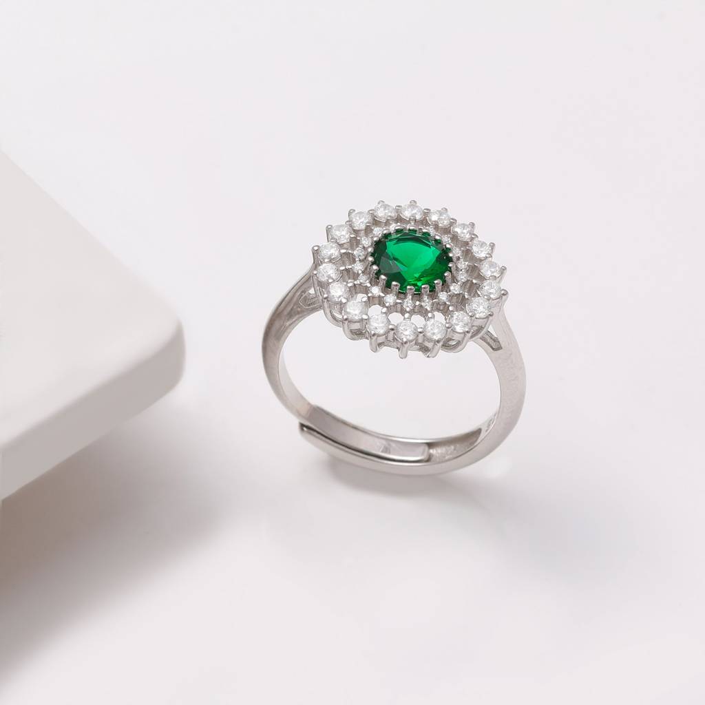 Silver Zircon Emerald Sunshine Ring : R0127