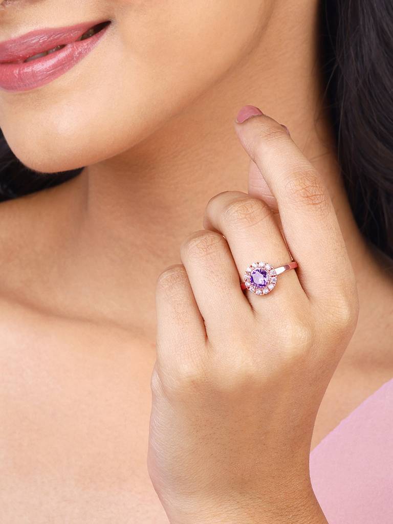 Giva 925 Sterling Silver Rose Gold Amethyst Radiance Ring