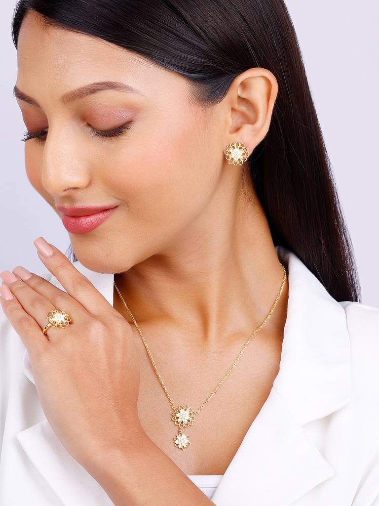 925 Silver Golden Blooming Flower Set For Women And Girls : R01608PD02283ER0292