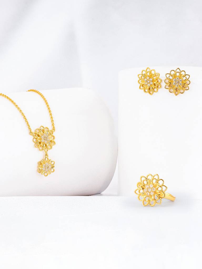 925 Silver Golden Blooming Flower Set For Women And Girls : R01608PD02283ER0292