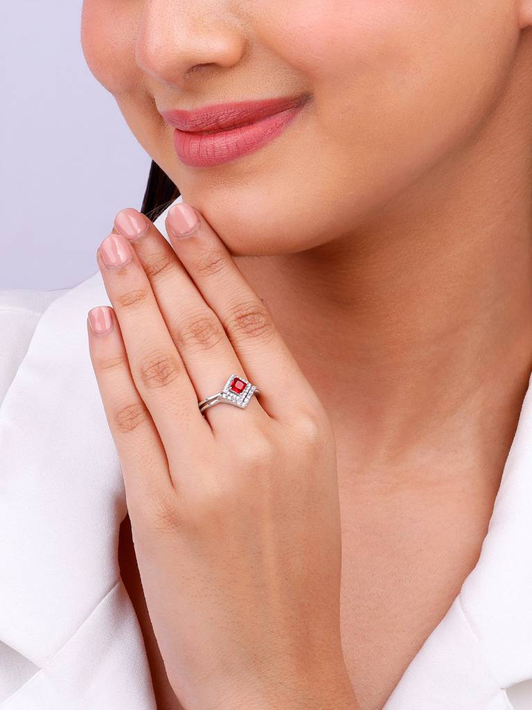 925 Silver Princess In Red Ring, Fixed Size, Indian - 12, Us - 6 For Womens And Girls : R01637
