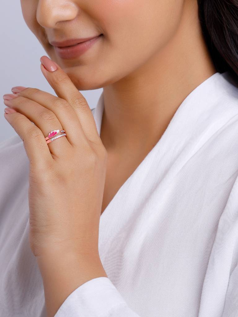 925 Silver Rose Gold Pink Ruffles Ring For Women : R01681