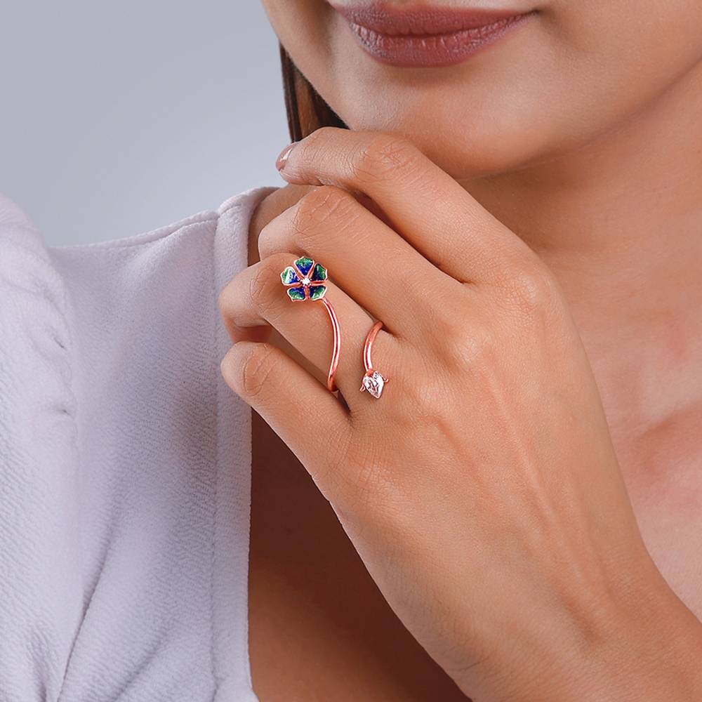 Rose Gold Blue Rising Bell Mallow Ring, Adjustable : R01746