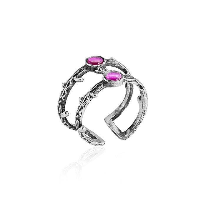 925 Oxidised Silver Pink Thorny Ring : R0342