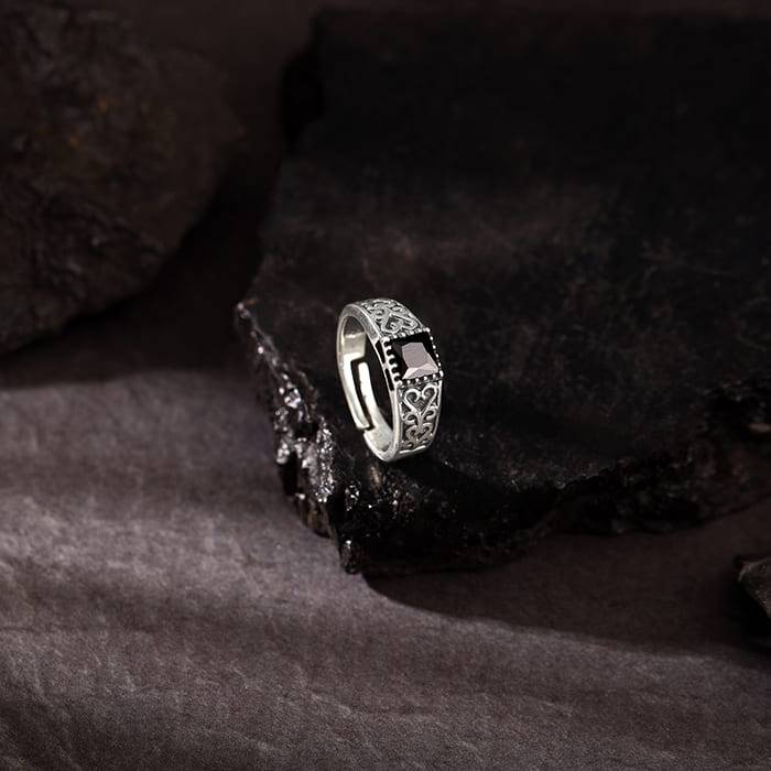 Silver Black Stone Ring For Him : R0447