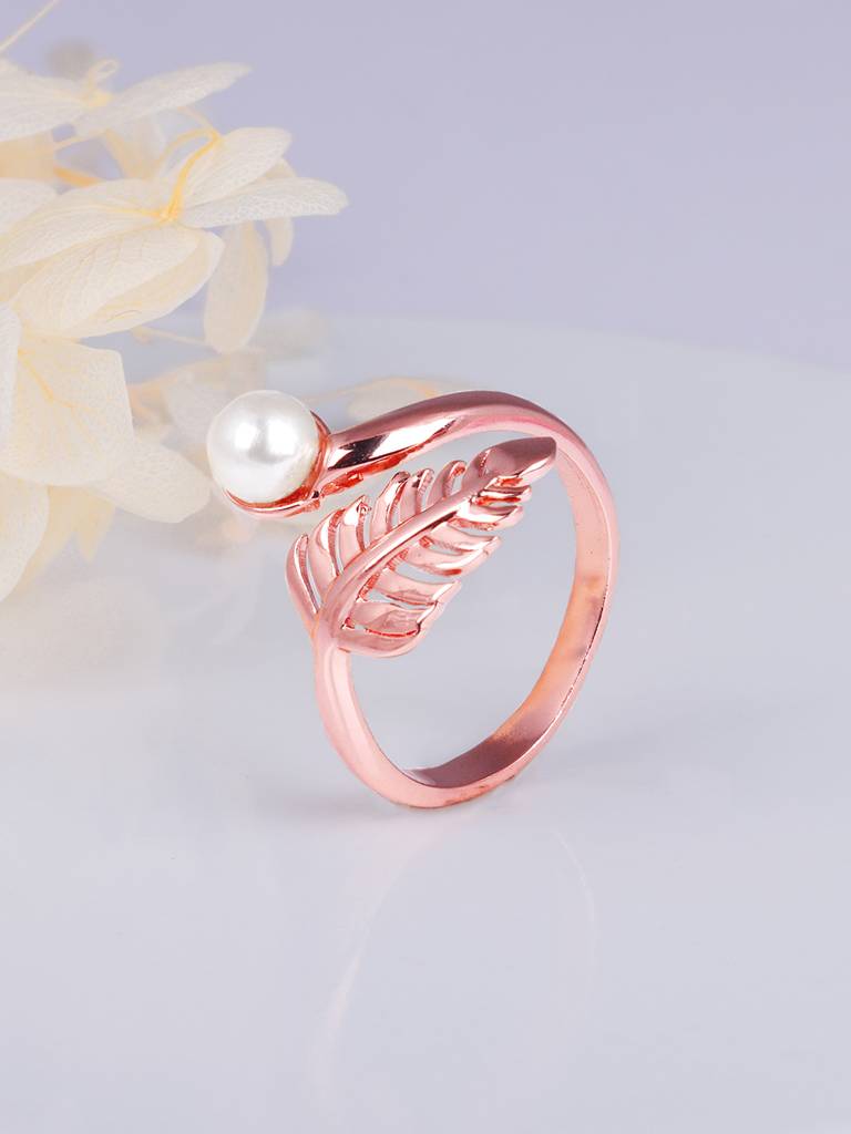 GIVA 925 Sterling Silver Rose Gold Pearl Drop on Fern Ring