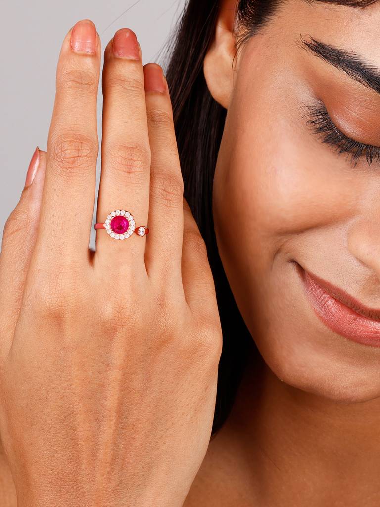 GIVA 925 Sterling Silver Rose Gold Ruby Red Spin Ring