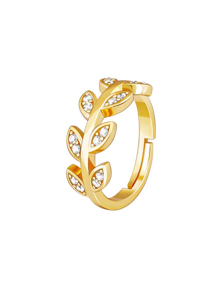 GIVA 925 Sterling Silver Golden Zircon Studded Leaf Ring