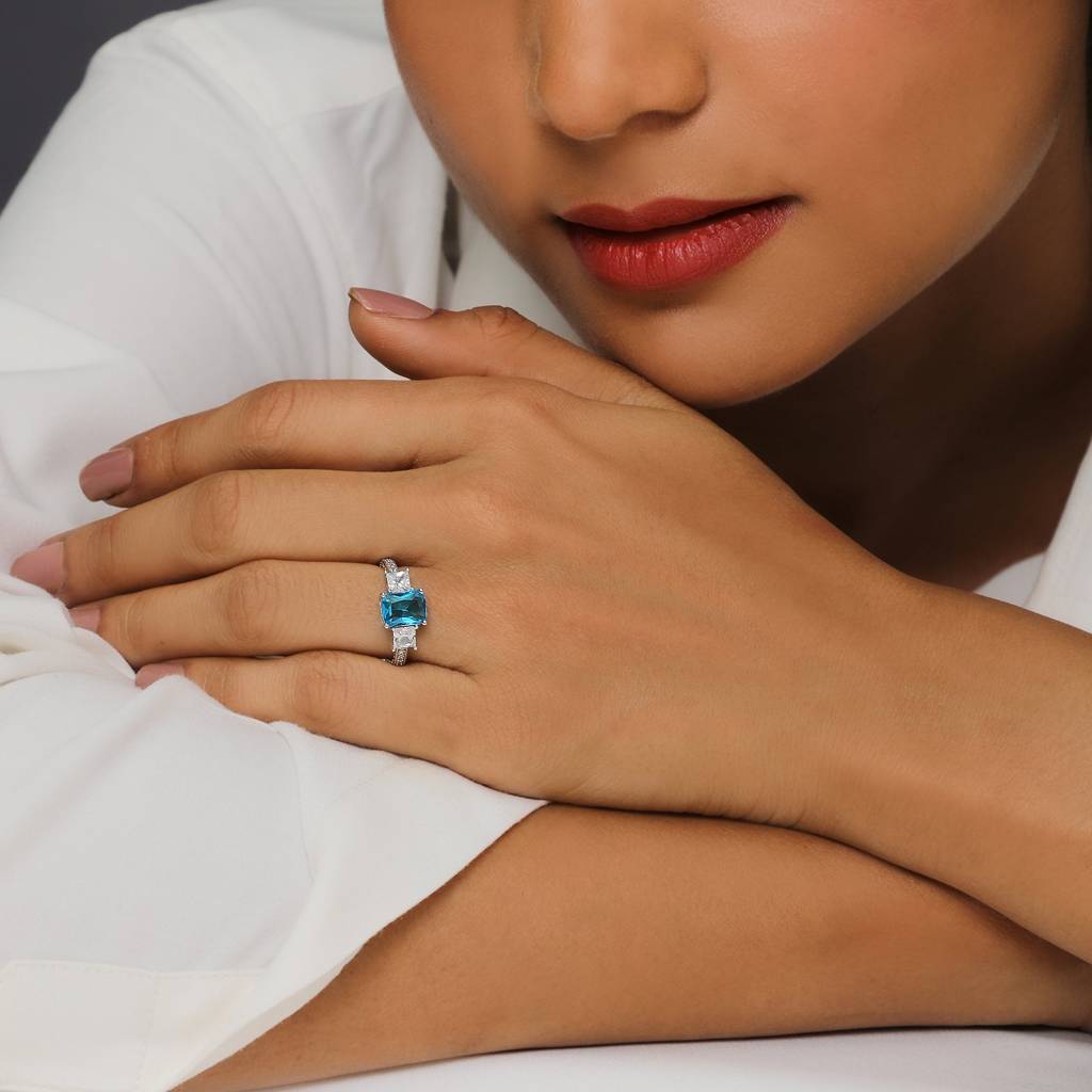 Silver Aqua Blue Baguette Ring : R080