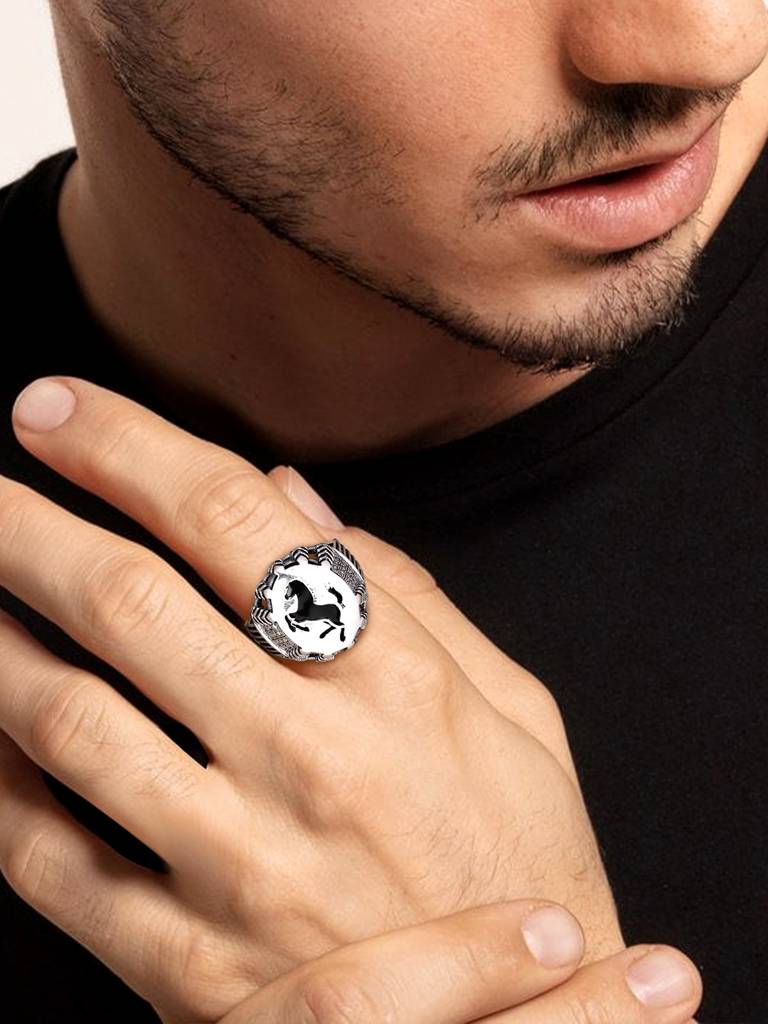 GIVA 925 Sterling Silver Oxidised Silver Horse Ring for Him