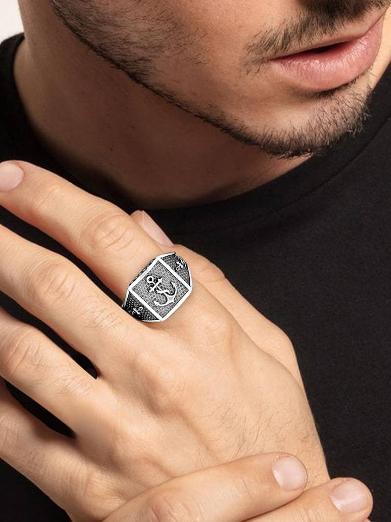 GIVA 925 Sterling Silver Oxidised Silver Anchor Ring for Him