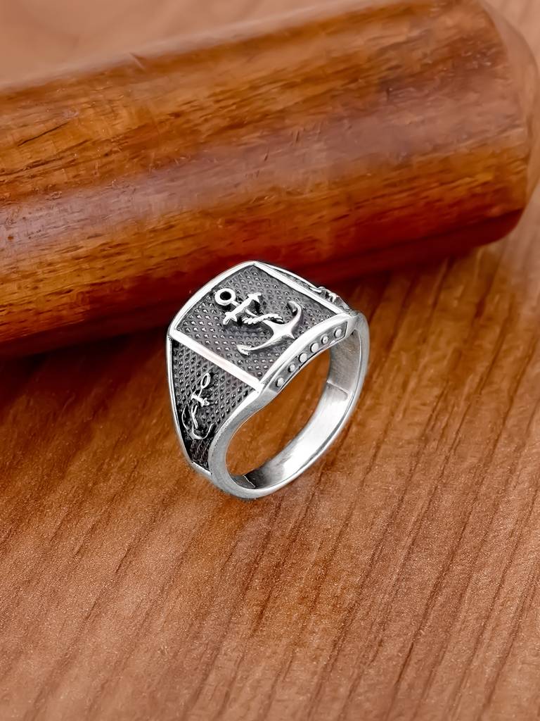 GIVA 925 Sterling Silver Oxidised Silver Anchor Ring for Him