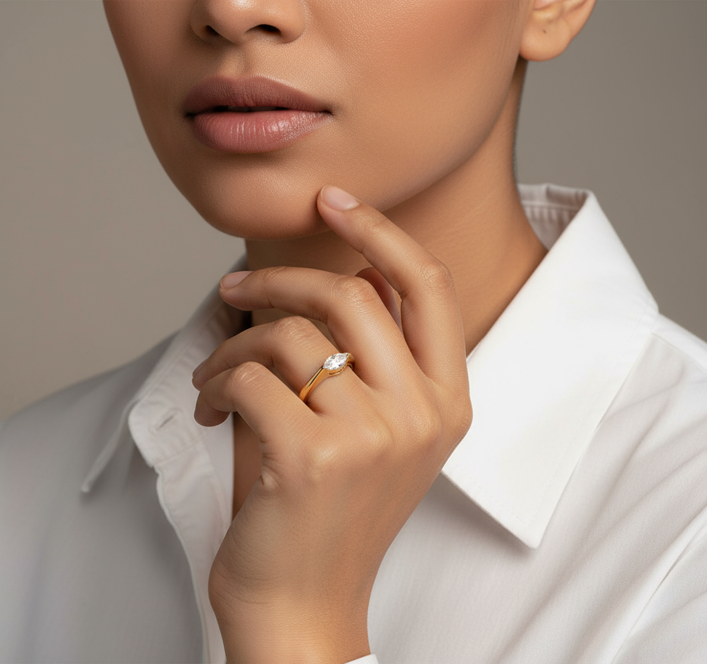 925 Silver Elegant Gold-Plated Marquise Solitaire Ring : R106G