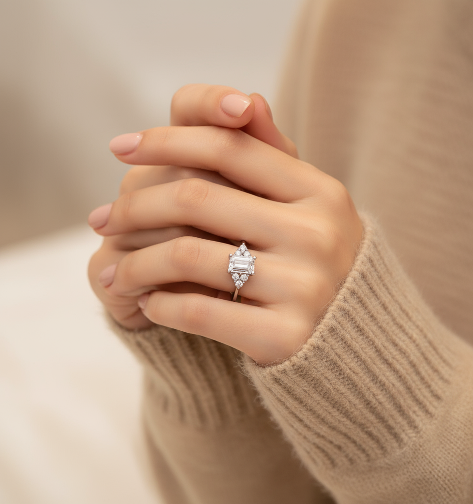 925 Silver Elegant Emerald-Cut Stone Engagement Ring For Women | Adjustable | Highest Quality Swiss Cz | Anti-Tarnish  : R120S