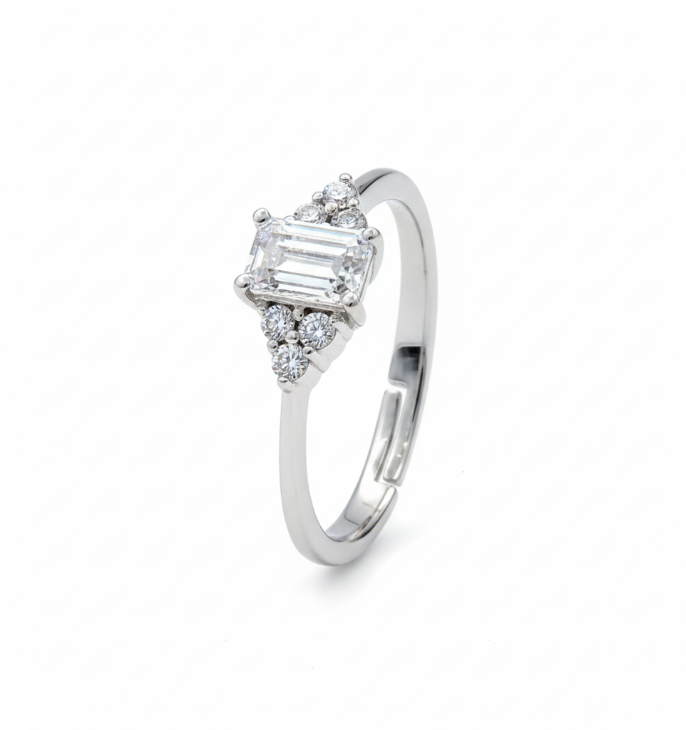 925 Silver Elegant Emerald-Cut Stone Engagement Ring For Women | Adjustable | Highest Quality Swiss Cz | Anti-Tarnish  : R120S