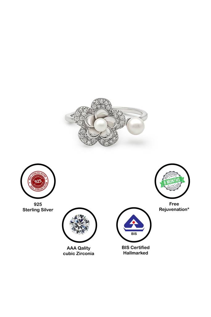 Silberry 925 Sterling Silver Floral Pearl Ring : R491
