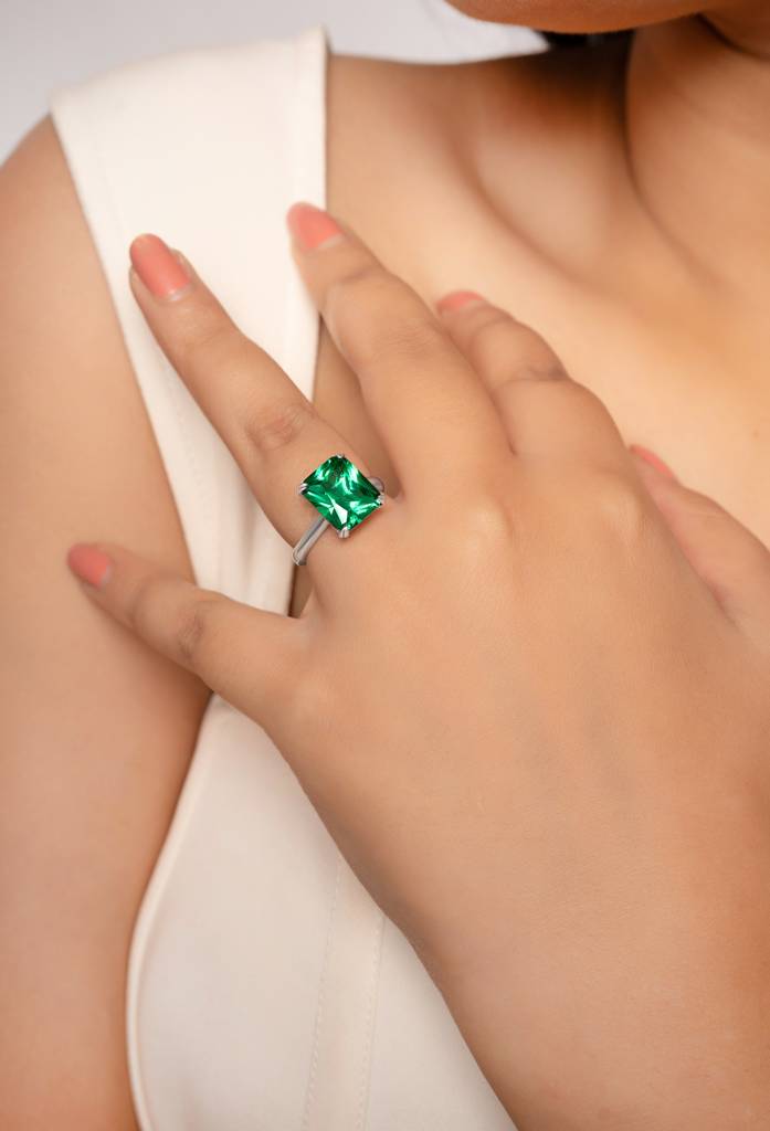 Silberry 925 Sterling Silver Green Crystal Radiant Ring : R935
