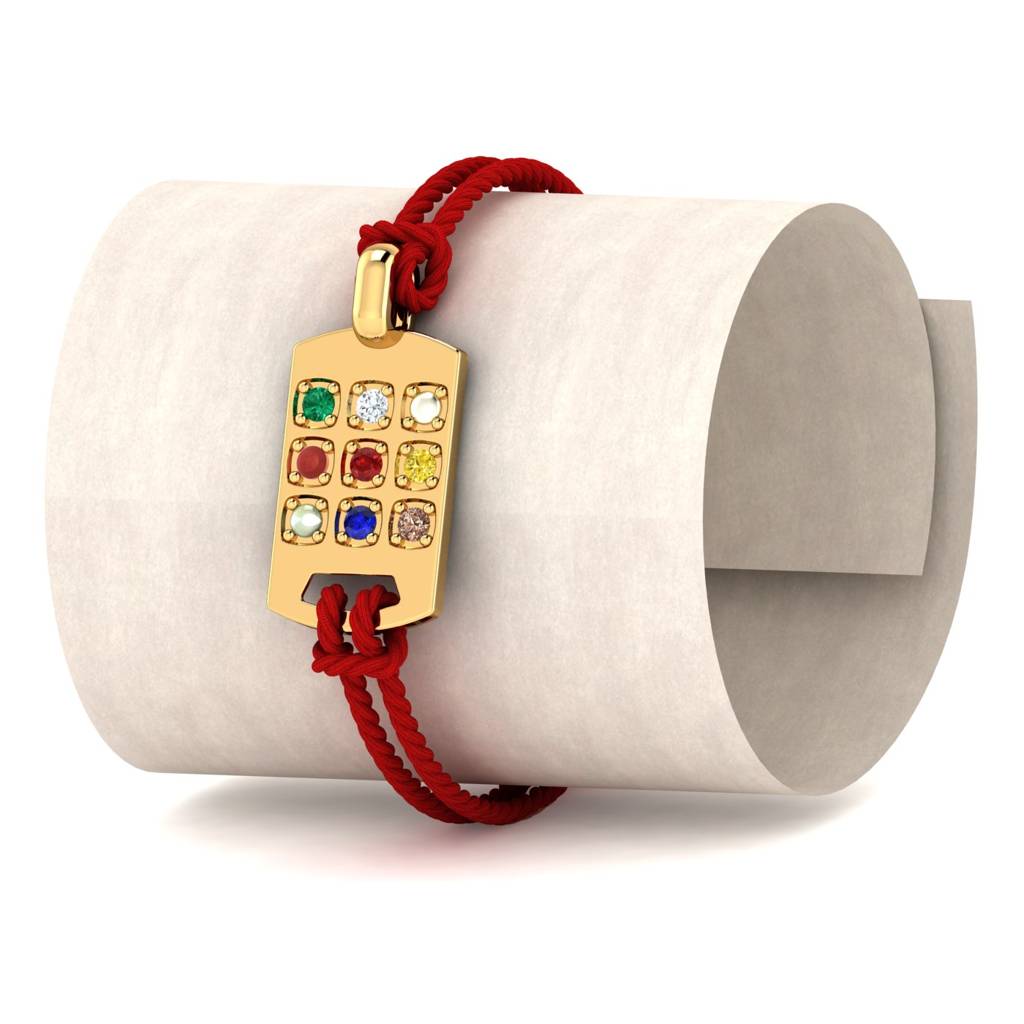 Kuberbox Yellow Gold Navratna Rakhi Cum Pendant : RA2078