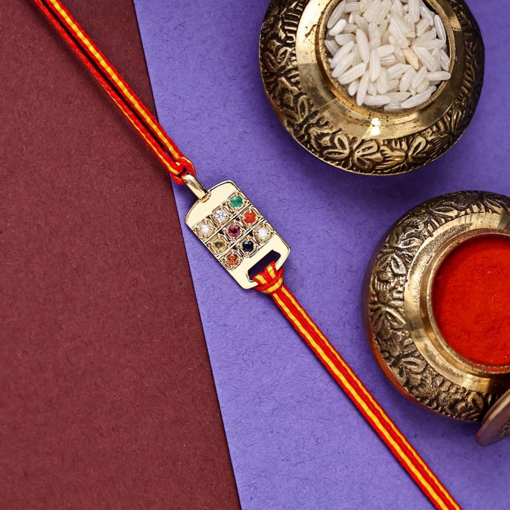 Kuberbox Yellow Gold Navratna Rakhi Cum Pendant : RA2078