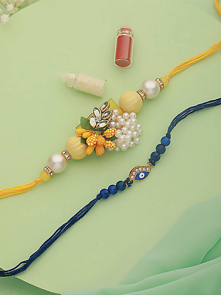 Set Of 2 Floarl & Evil Eye Beaded Thread Rakhi : RAK-JS24-HI0031