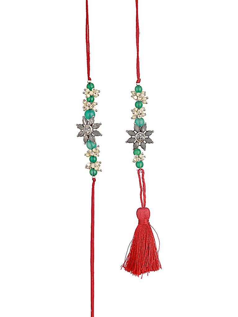 Swastik Motif & Mogra Beaded Bhaiya Bhabhi Rakhi With Roli & Chawal : RAK-JS24-HI0041