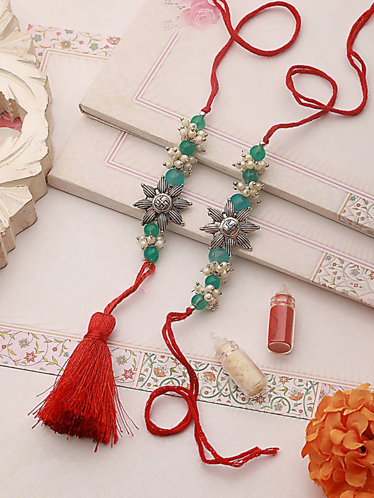Swastik Motif & Mogra Beaded Bhaiya Bhabhi Rakhi With Roli & Chawal : RAK-JS24-HI0041