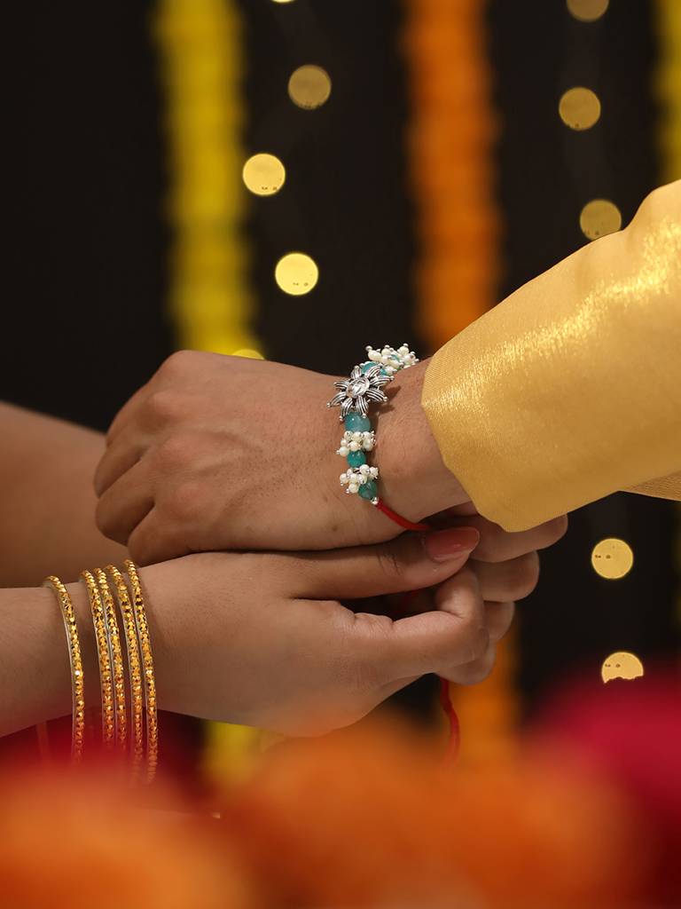 Swastik Motif & Mogra Beaded Bhaiya Bhabhi Rakhi With Roli & Chawal : RAK-JS24-HI0041