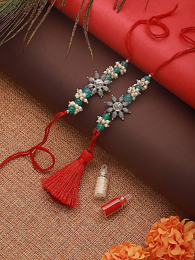 Swastik Motif & Mogra Beaded Bhaiya Bhabhi Rakhi With Roli & Chawal : RAK-JS24-HI0041