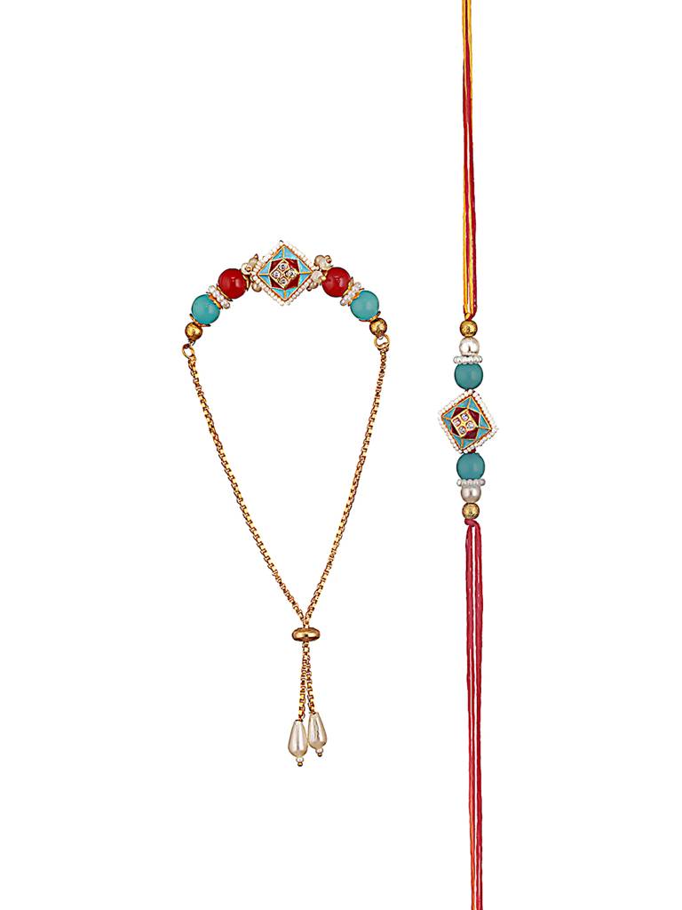 Kundan Studded & Pearl Beaded Meenakari Bhaiya Bhabhi Chain Rakhi With Roli & Chawal : RAK-JS24-HI0049