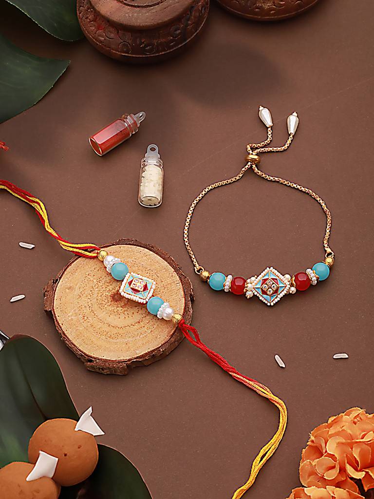 Kundan Studded & Pearl Beaded Meenakari Bhaiya Bhabhi Chain Rakhi With Roli & Chawal : RAK-JS24-HI0049