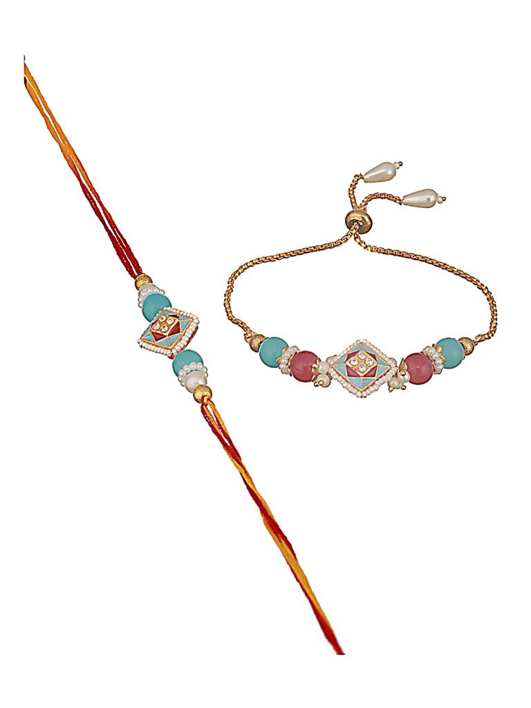 Kundan Studded & Pearl Beaded Meenakari Bhaiya Bhabhi Chain Rakhi With Roli & Chawal : RAK-JS24-HI0049