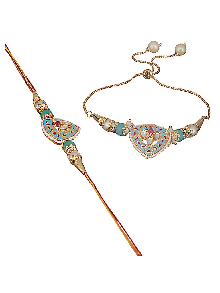 Kundan Studded & Pearl Beaded Meenakari Bhaiya Bhabhi Chain Rakhi With Roli & Chawal : RAK-JS24-HI0051