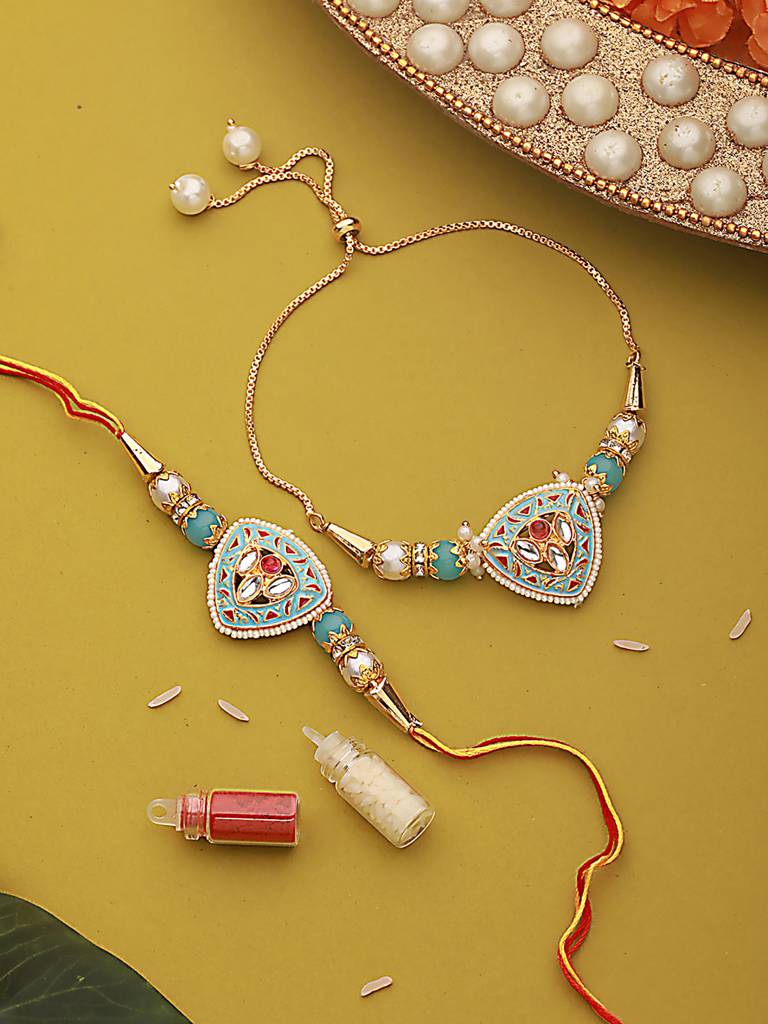 Kundan Studded & Pearl Beaded Meenakari Bhaiya Bhabhi Chain Rakhi With Roli & Chawal : RAK-JS24-HI0051