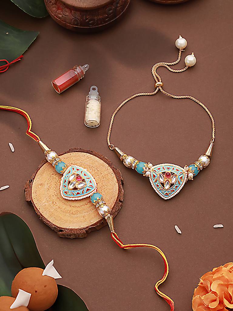 Kundan Studded & Pearl Beaded Meenakari Bhaiya Bhabhi Chain Rakhi With Roli & Chawal : RAK-JS24-HI0051