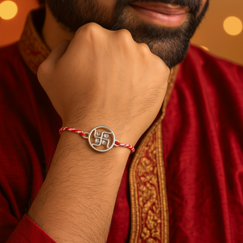 925 Silver Swastik Diamond Rakhi : RAKHI-18