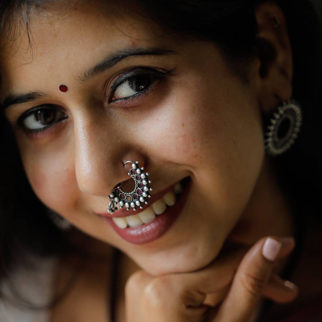 Karwar Nath : Pink (Left) : silver_nath_karwar_pink_left_pierced_oxidized