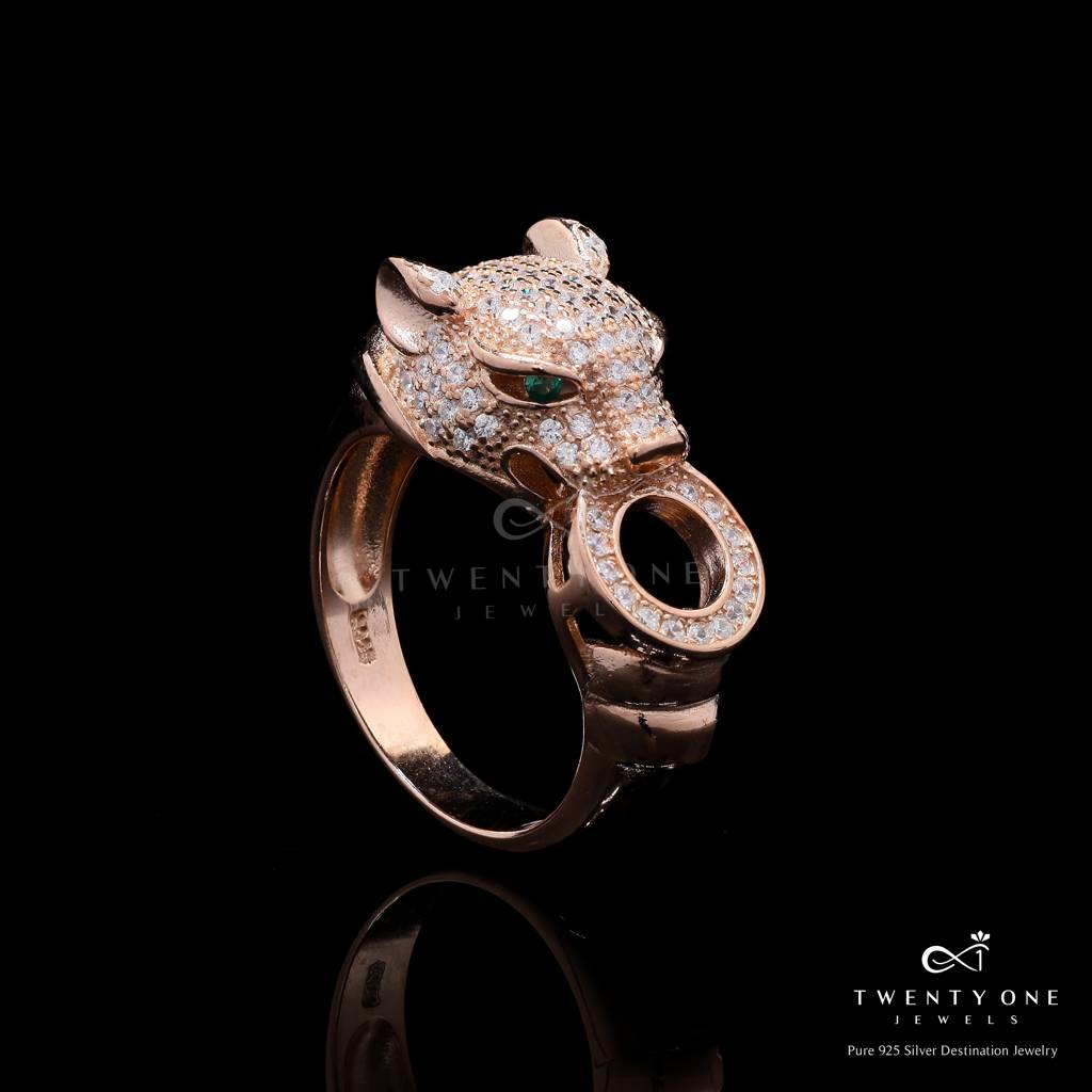 Ultra Premium Rose Gold Micro Setting Diamond Panther Duress Ring On Pure 925 Silver With Green Emerald Eye Detailing : TR3249