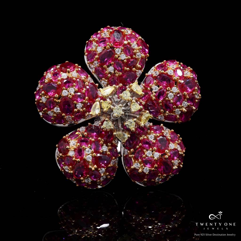 Ultra Premium Ruby Floral 2 Way Ring Cum Pendant On Pure 925 Silver. : TR3247