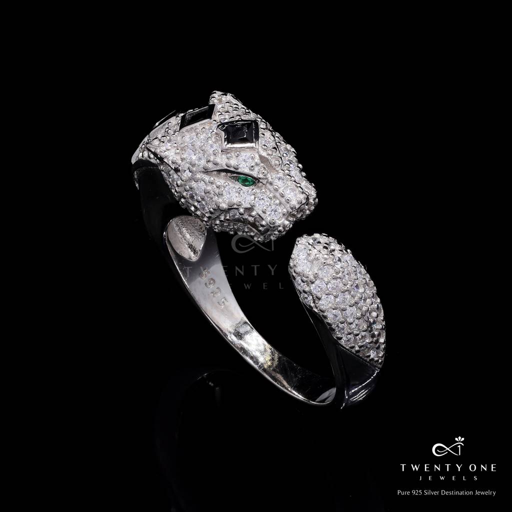 Ultra Premium American Diamond Micro Setting Leo Panther Ring With Eye And Crown Detailing On Pure 925 Silver : TR3251