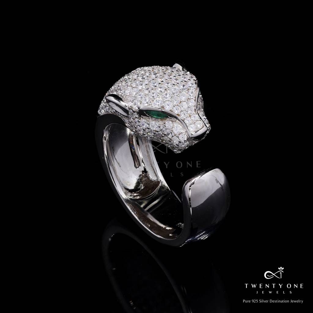 Ultra Premium Micro Setting Sly Panther Ring With Green Emerald Eye Detailing On Pure 925 Silver : TR3252