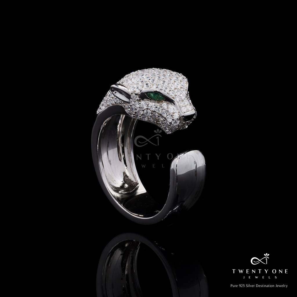 Ultra Premium Micro Setting Sly Panther Ring With Green Emerald Eye Detailing On Pure 925 Silver : TR3252