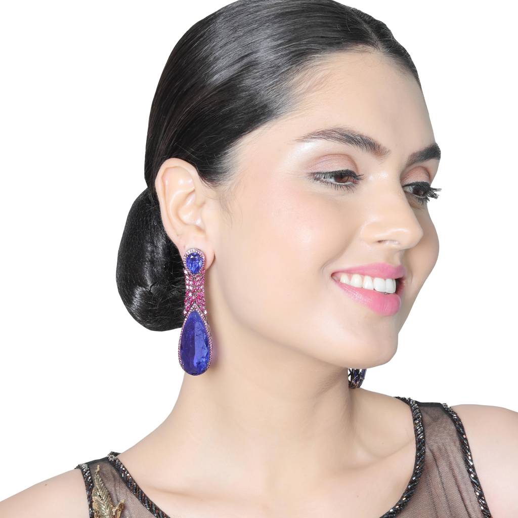 Deep Purple Doublet Danglers Embellished With Sparkling Cubic Zirconia. : RI-ER-01-PURPLEPINK